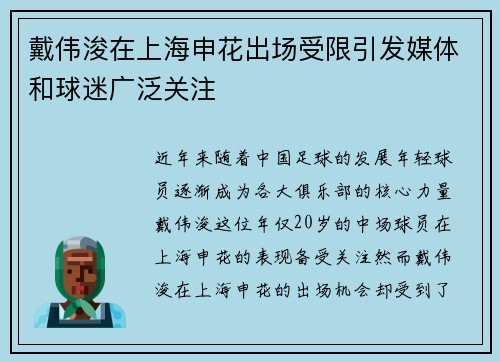 戴伟浚在上海申花出场受限引发媒体和球迷广泛关注