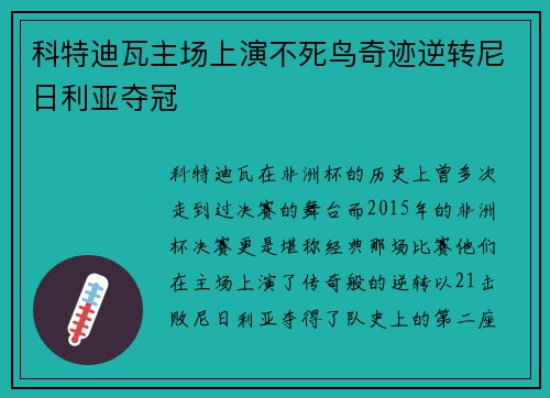 科特迪瓦主场上演不死鸟奇迹逆转尼日利亚夺冠 科特迪瓦主场上演不死鸟奇迹逆转尼日利亚夺冠