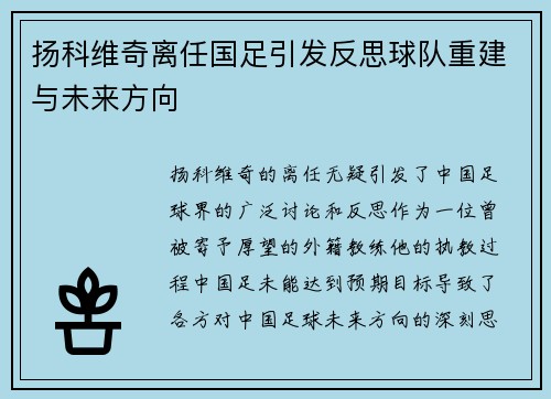 扬科维奇离任国足引发反思球队重建与未来方向